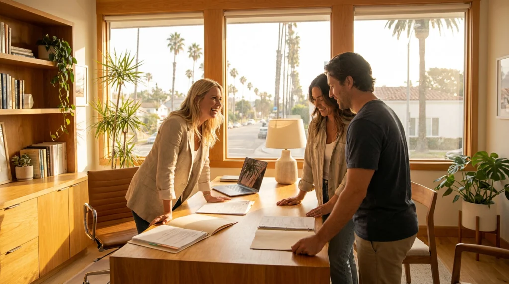 title insurance endorsements California — real estate agent reviewing documents with couple in bright California office