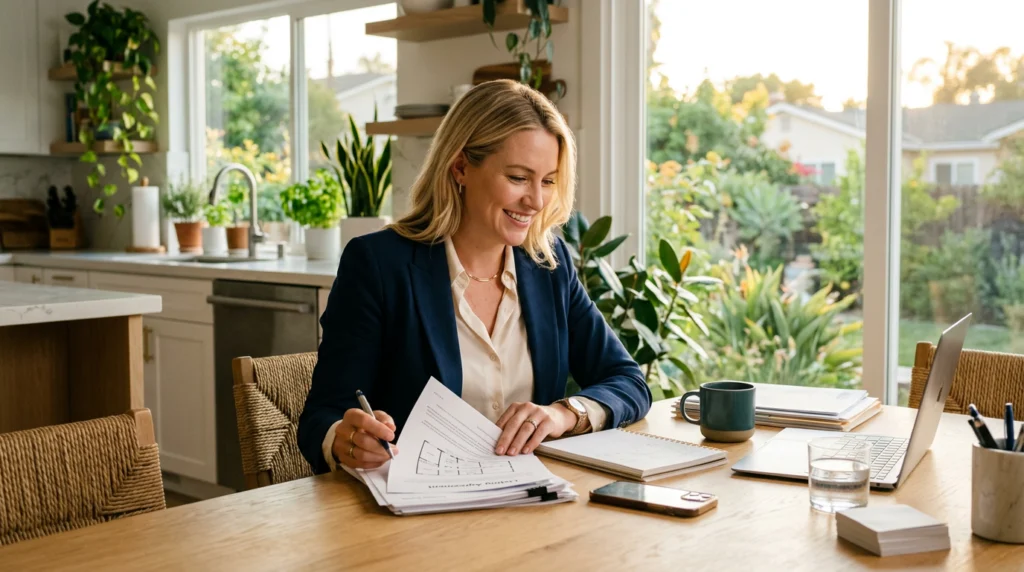 cloud on title California — real estate agent reviewing title documents at a bright California office